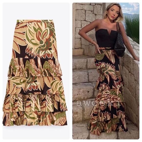 LINEN BLEND RUFFLED PRINTED SKIRT NEW - Picture 1 of 5